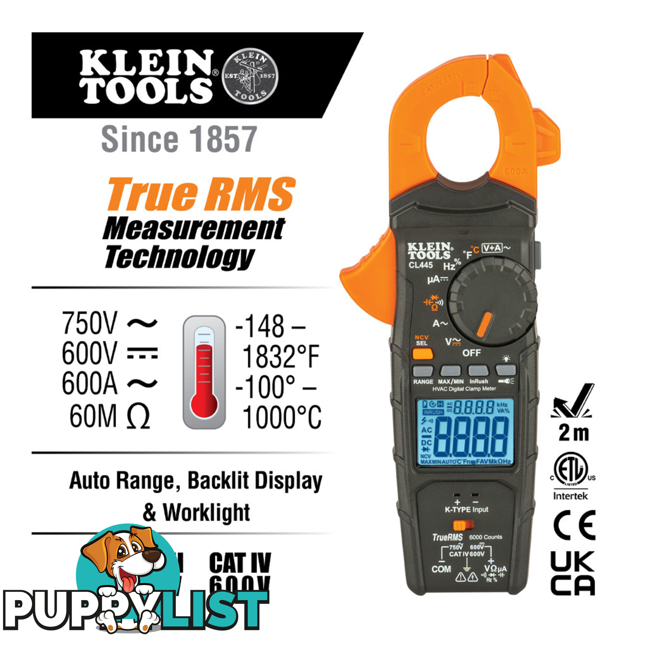 Klein Tools HVAC Clamp Meter 750v AC 600v DC SKU - CL445