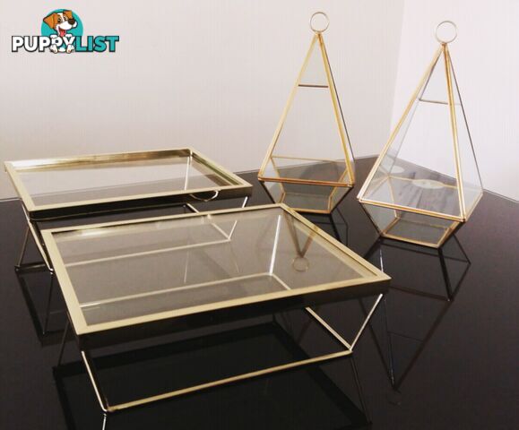 Gold rimmed glass risers and gold rimmed terrariums for hire!