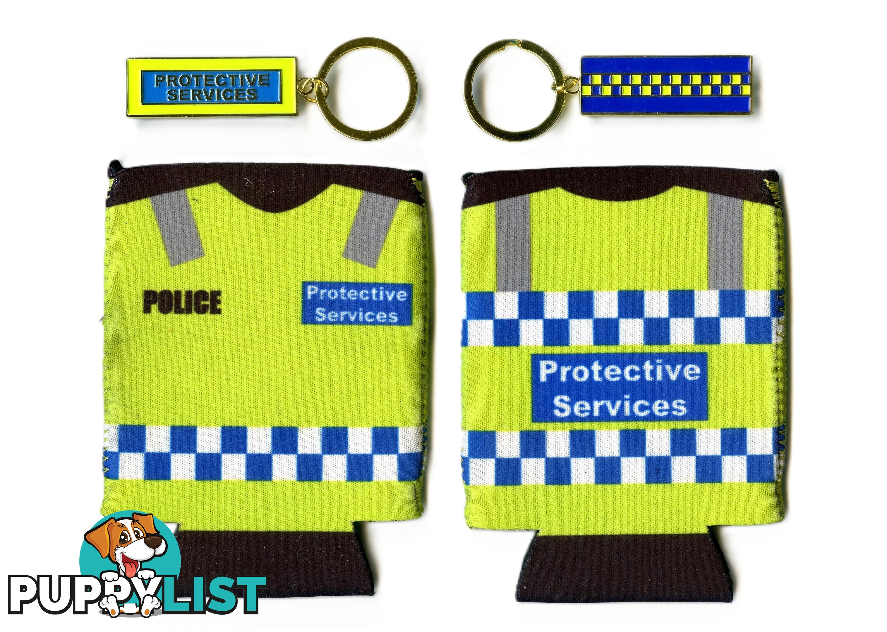 Police Protective Services Keyring and Stubby Holder.
