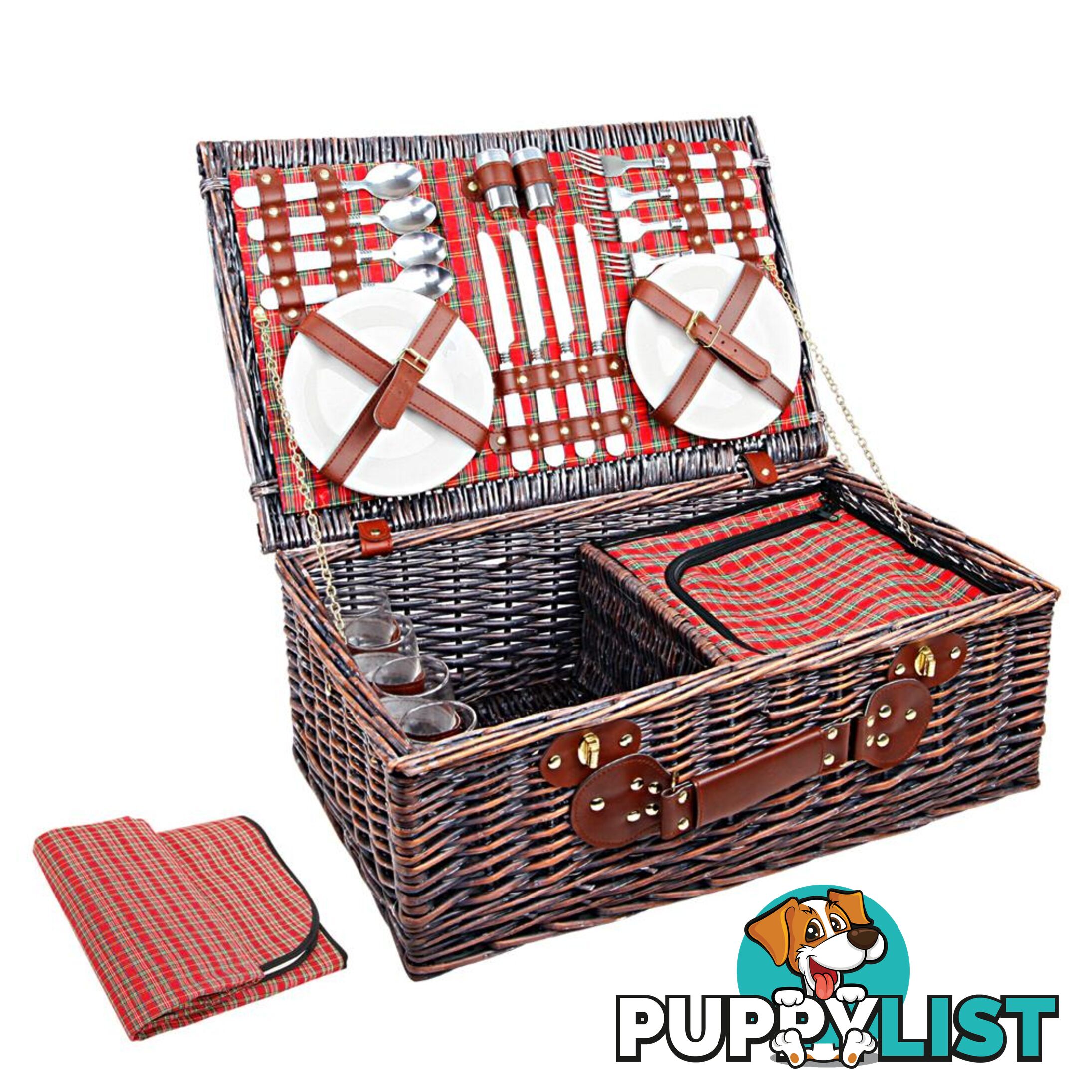 Alfresco 4 Person Picnic Basket Red Handle Corporate Blanket