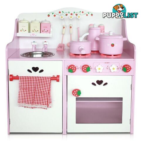 13 Piece Kids Wooden Kitchen Cookware Chef Playset - Pink