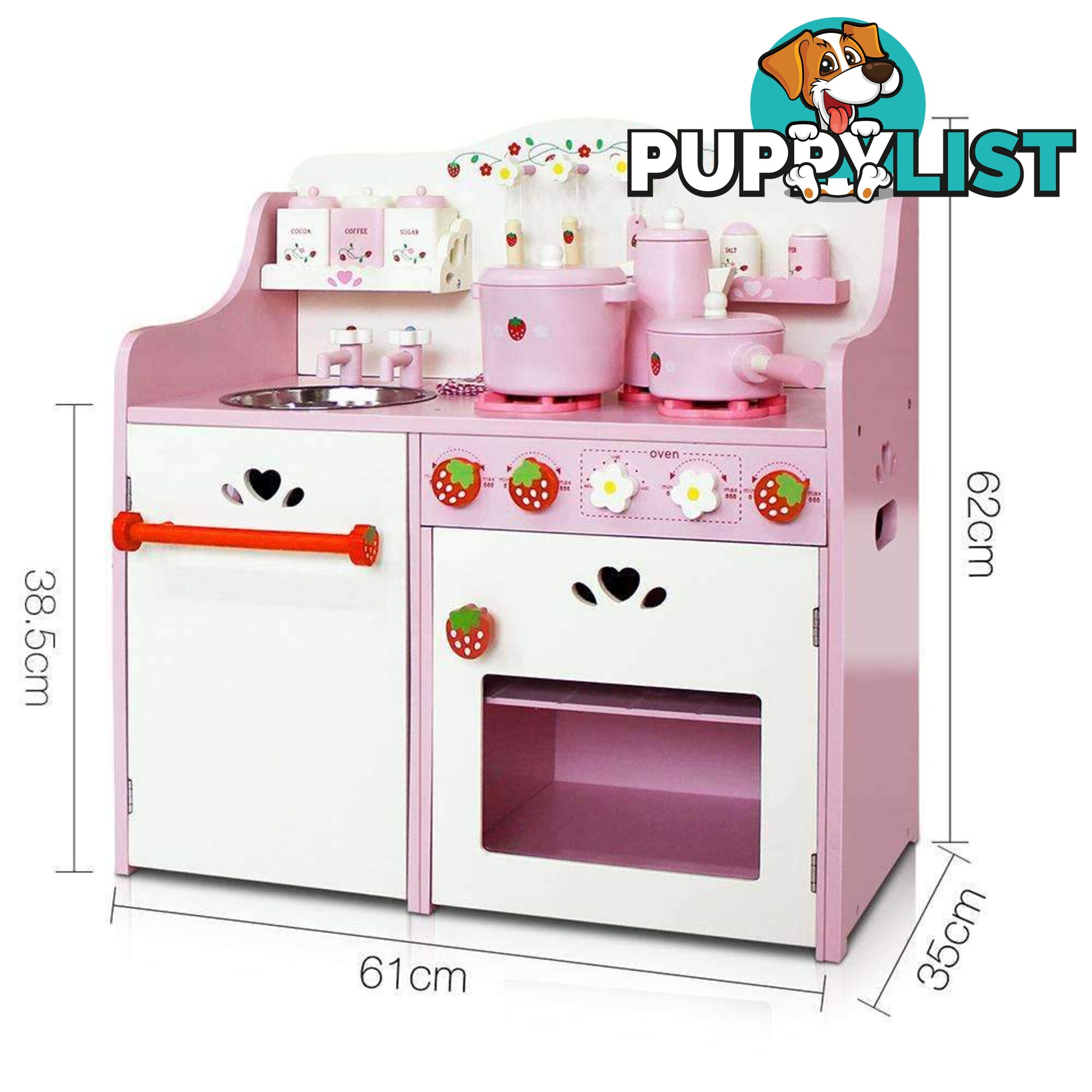 13 Piece Kids Wooden Kitchen Cookware Chef Playset - Pink