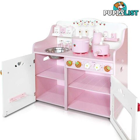 13 Piece Kids Wooden Kitchen Cookware Chef Playset - Pink