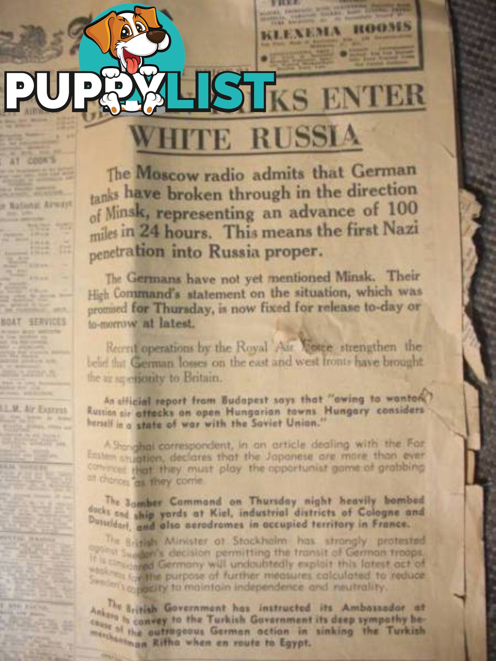 THE AGE 29TH JUNE 1941 GERMAN TANKS ENTER WHITE RUSSIA FRONT PAGE