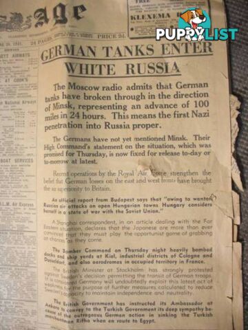 THE AGE 29TH JUNE 1941 GERMAN TANKS ENTER WHITE RUSSIA FRONT PAGE