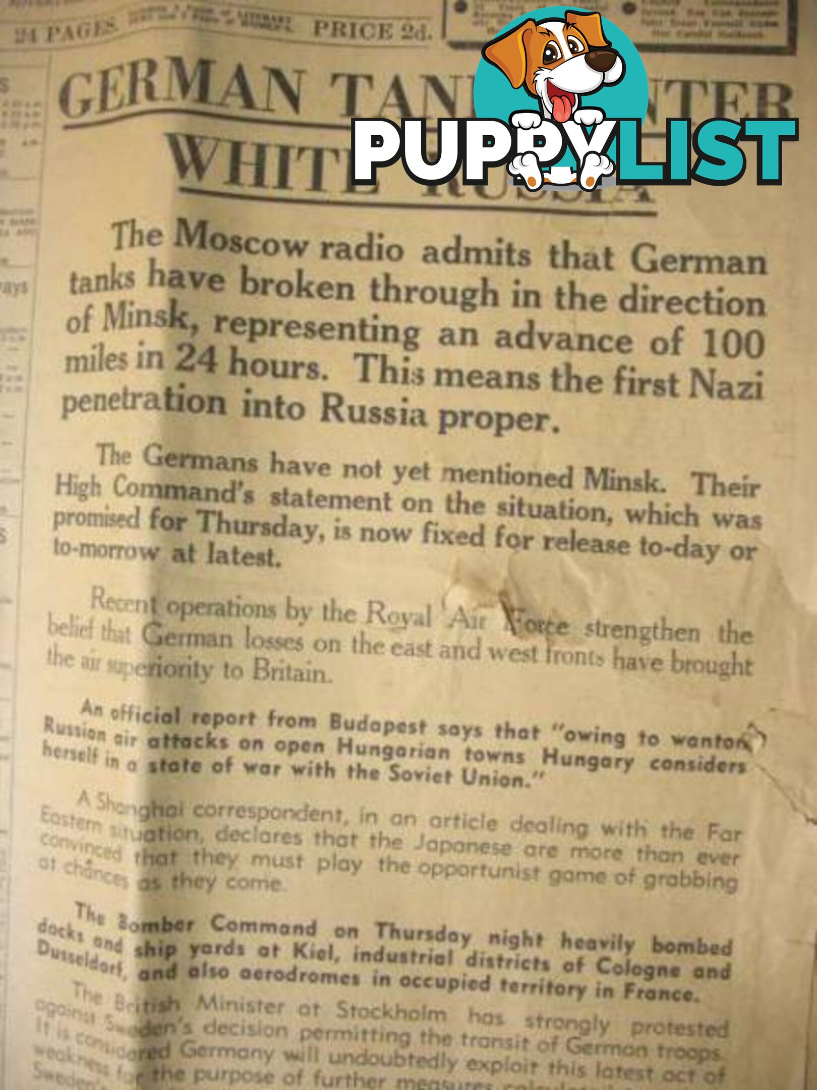 THE AGE 29TH JUNE 1941 GERMAN TANKS ENTER WHITE RUSSIA FRONT PAGE