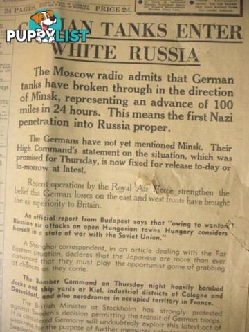 THE AGE 29TH JUNE 1941 GERMAN TANKS ENTER WHITE RUSSIA FRONT PAGE