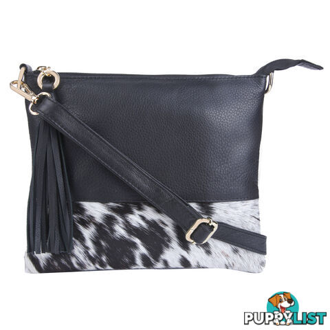 Halston Genuine Leather Cowhide Black/WHITE Womens Handbag