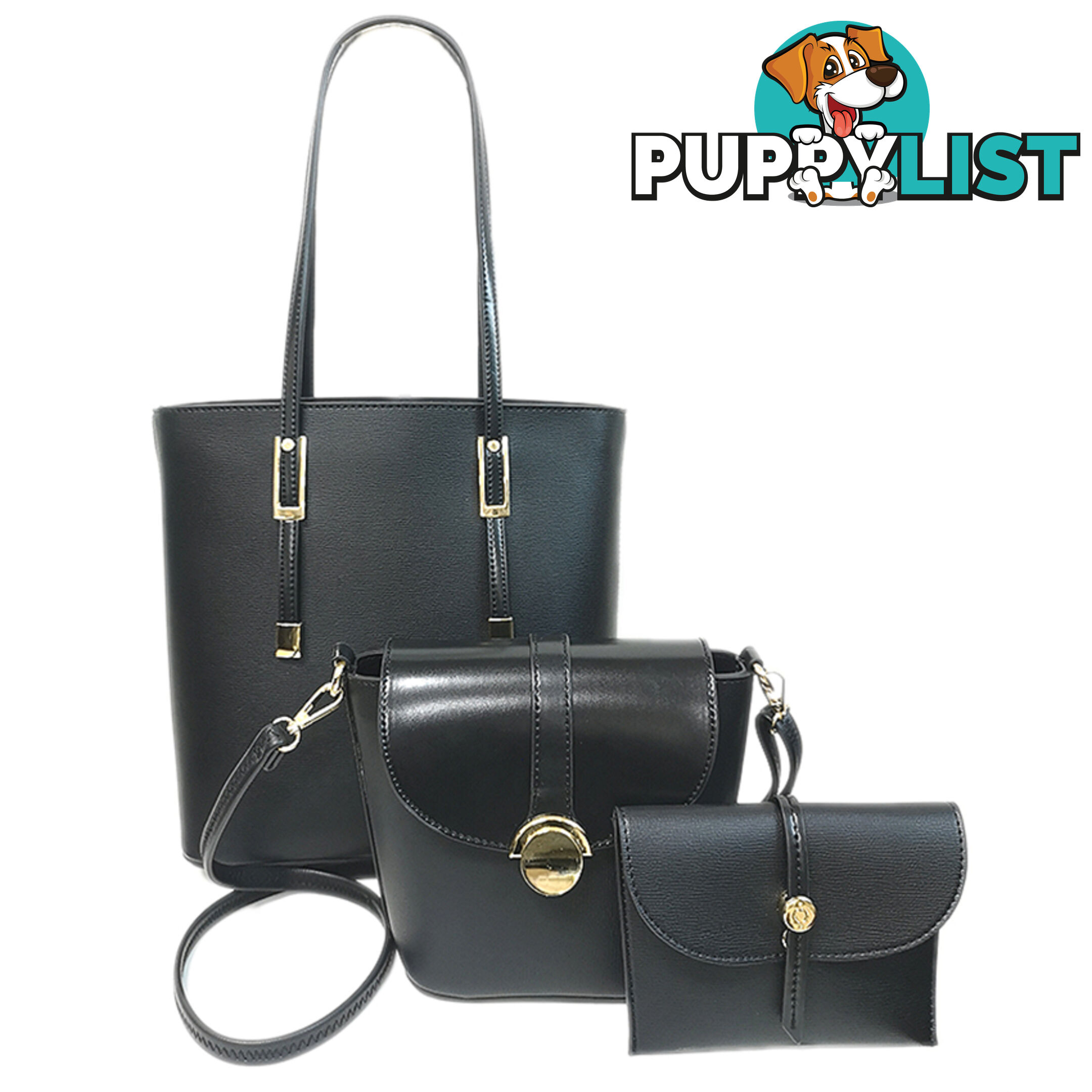 CHRISTINE 3 PACK BLACK VEGAN LEATHER LADIES HANDBAG SET