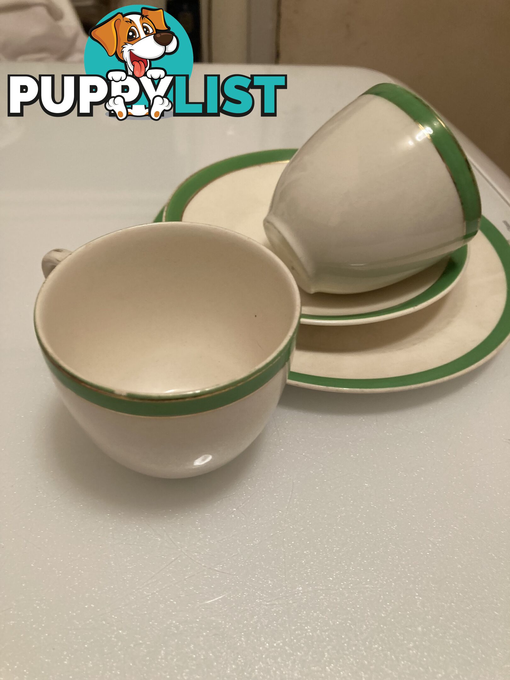 Queens green bread/butter plate, 2 small cups and saucer Wedgwood