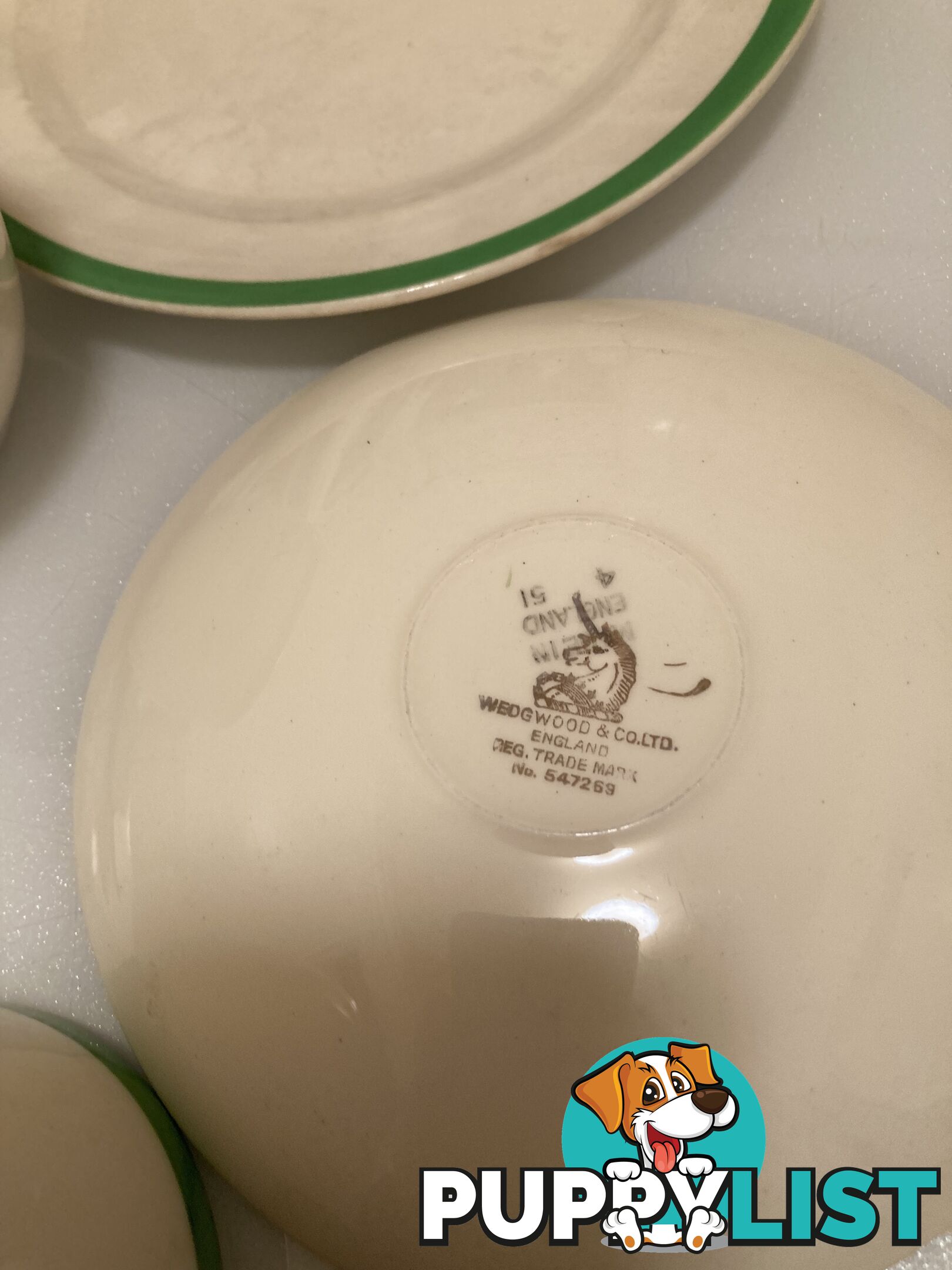 Queens green bread/butter plate, 2 small cups and saucer Wedgwood