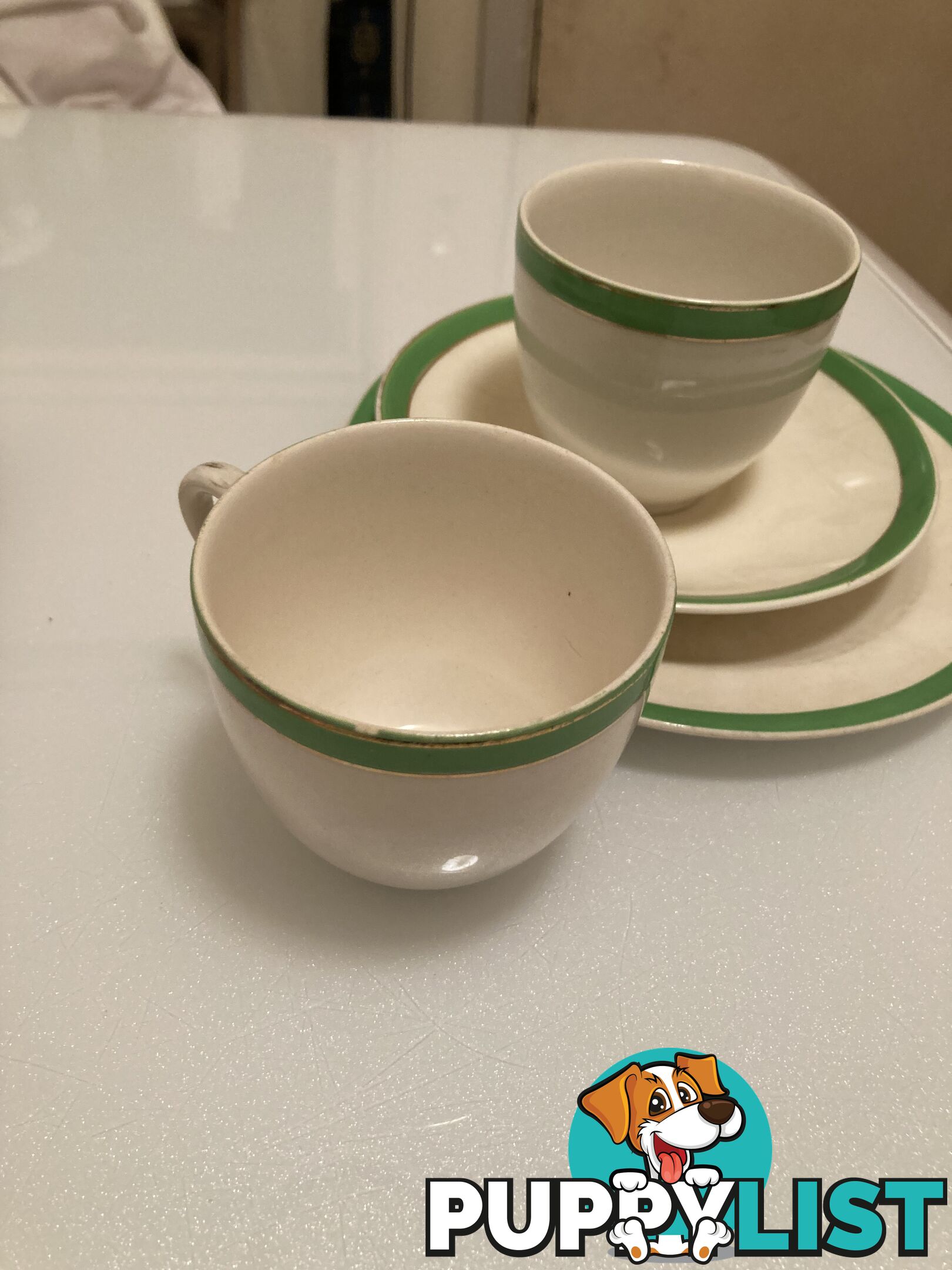 Queens green bread/butter plate, 2 small cups and saucer Wedgwood