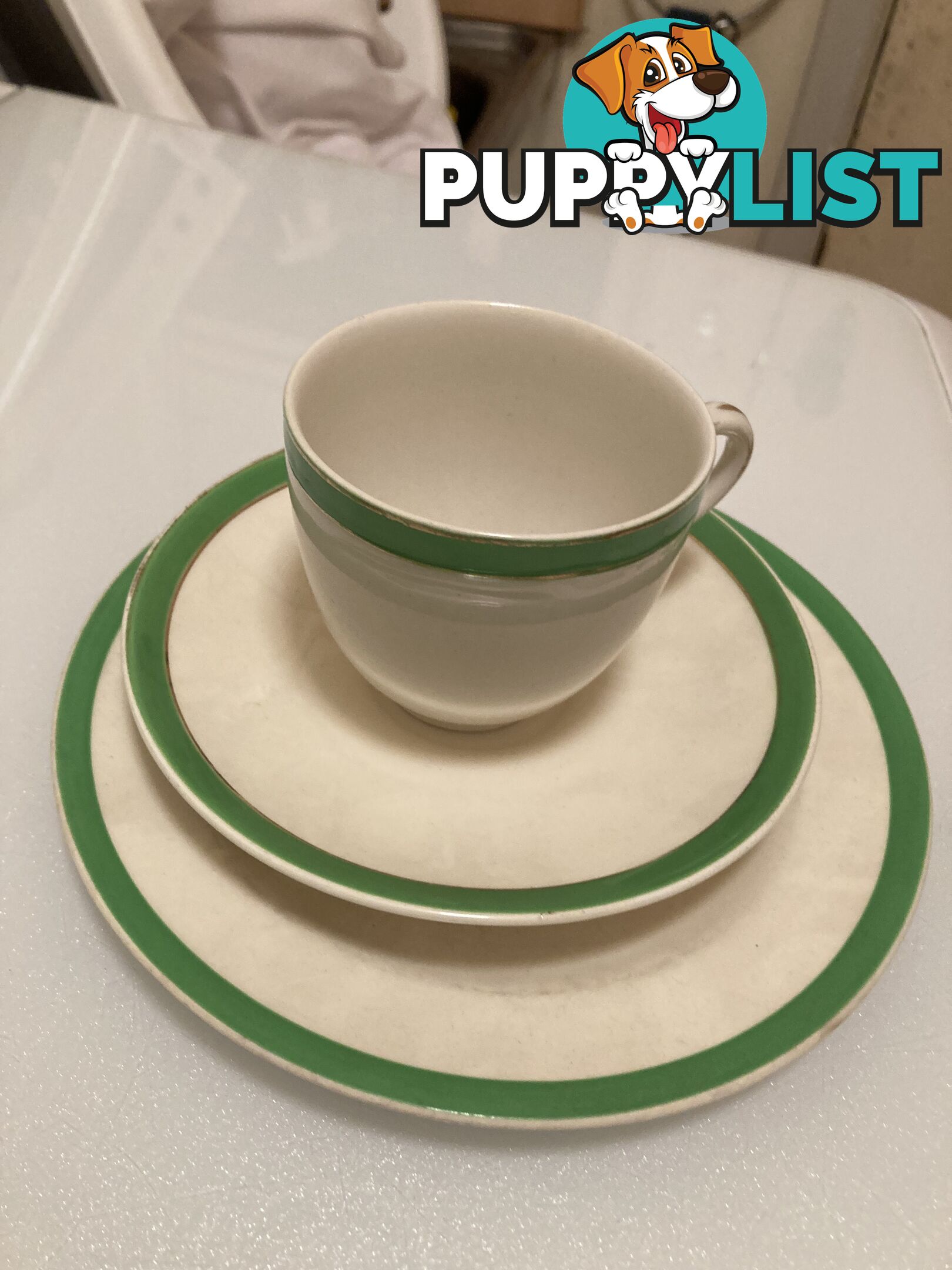 Queens green bread/butter plate, 2 small cups and saucer Wedgwood