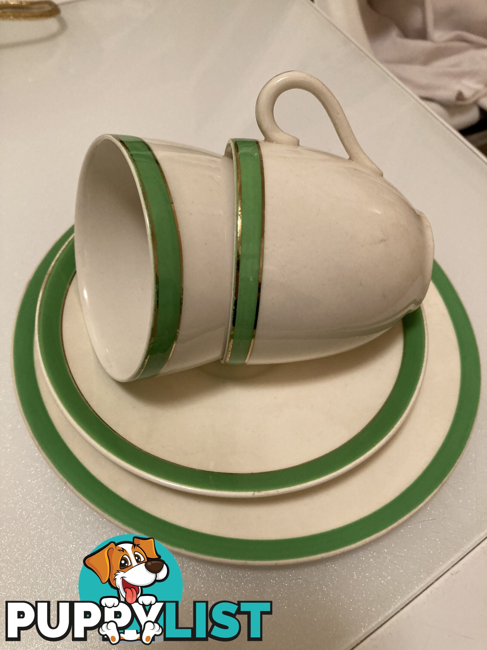 Queens green bread/butter plate, 2 small cups and saucer Wedgwood