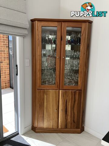 Jamel manufactured glass Kauri timber corner cabinet
