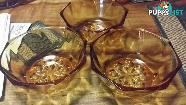 3 amber depression glass bowls