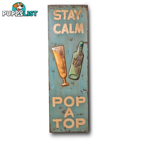 Wooden Print "Stay Calm Pop A Top" In Antique Blue - Wall008 - 9334719003740