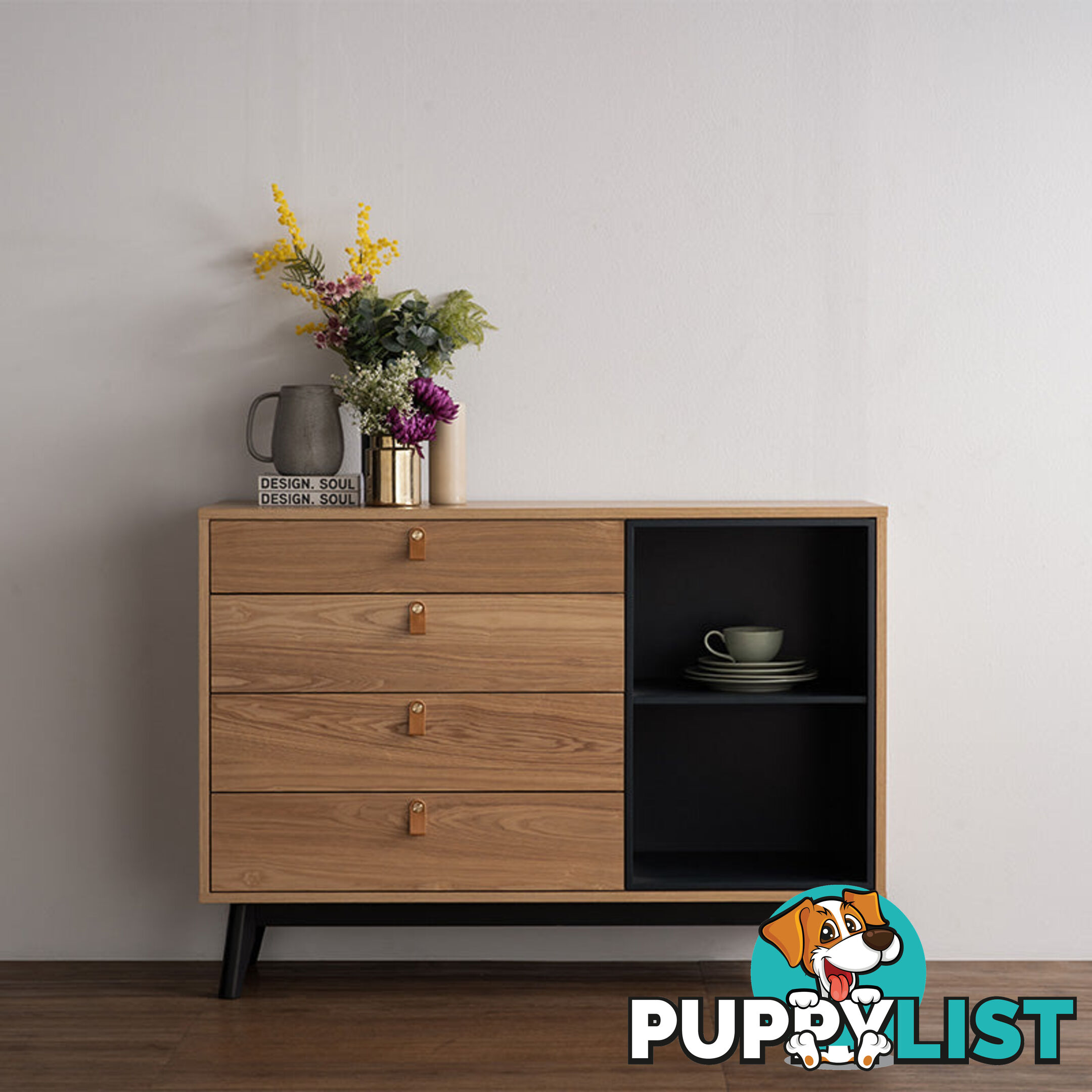 CASTOR Sideboard 125cm - Natural, Navy Blue & Black - 344024 - 9334719012186