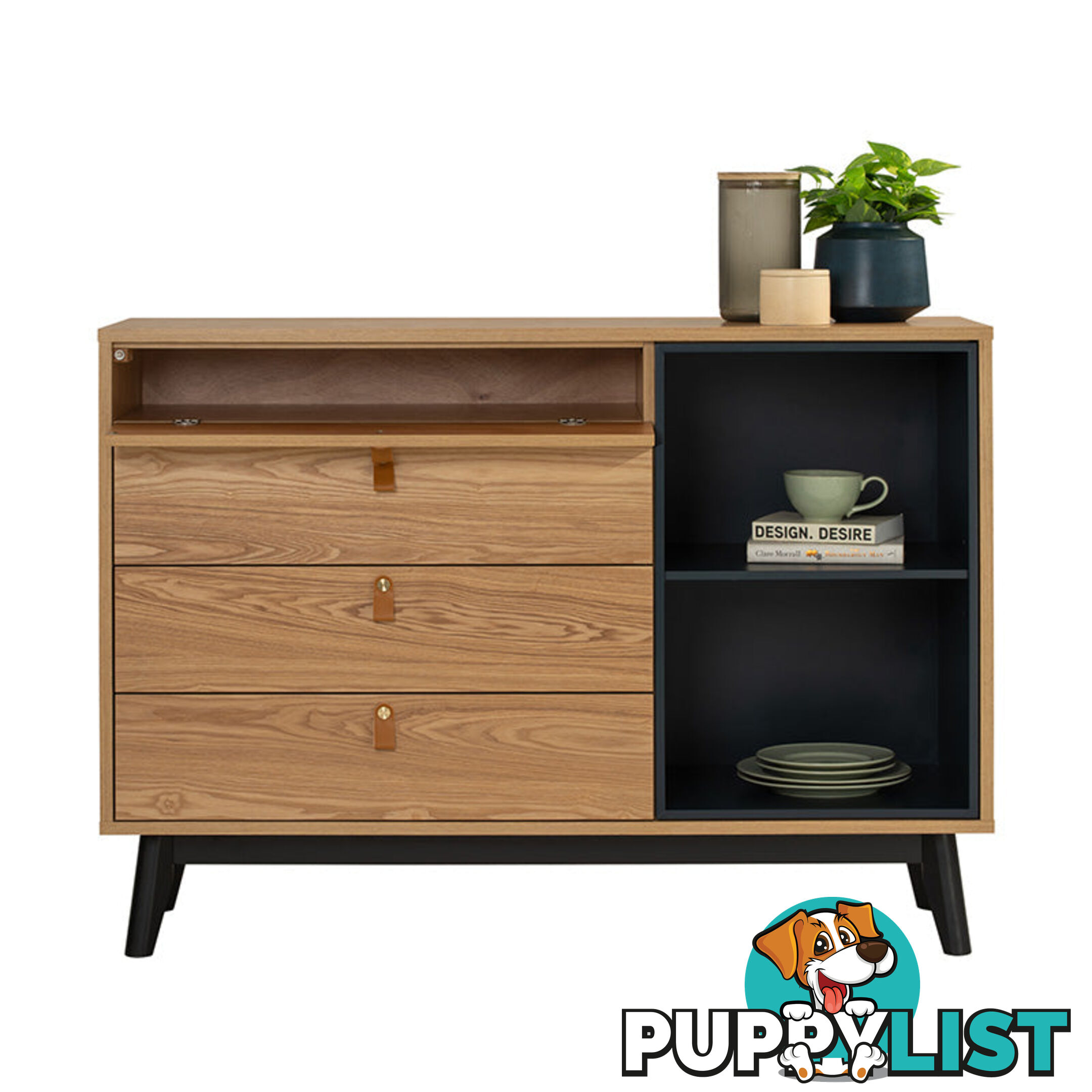 CASTOR Sideboard 125cm - Natural, Navy Blue & Black - 344024 - 9334719012186