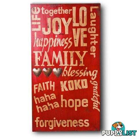 Red Joy Happiness Family Wooden Wall Hanging In Antique Red - Wall007