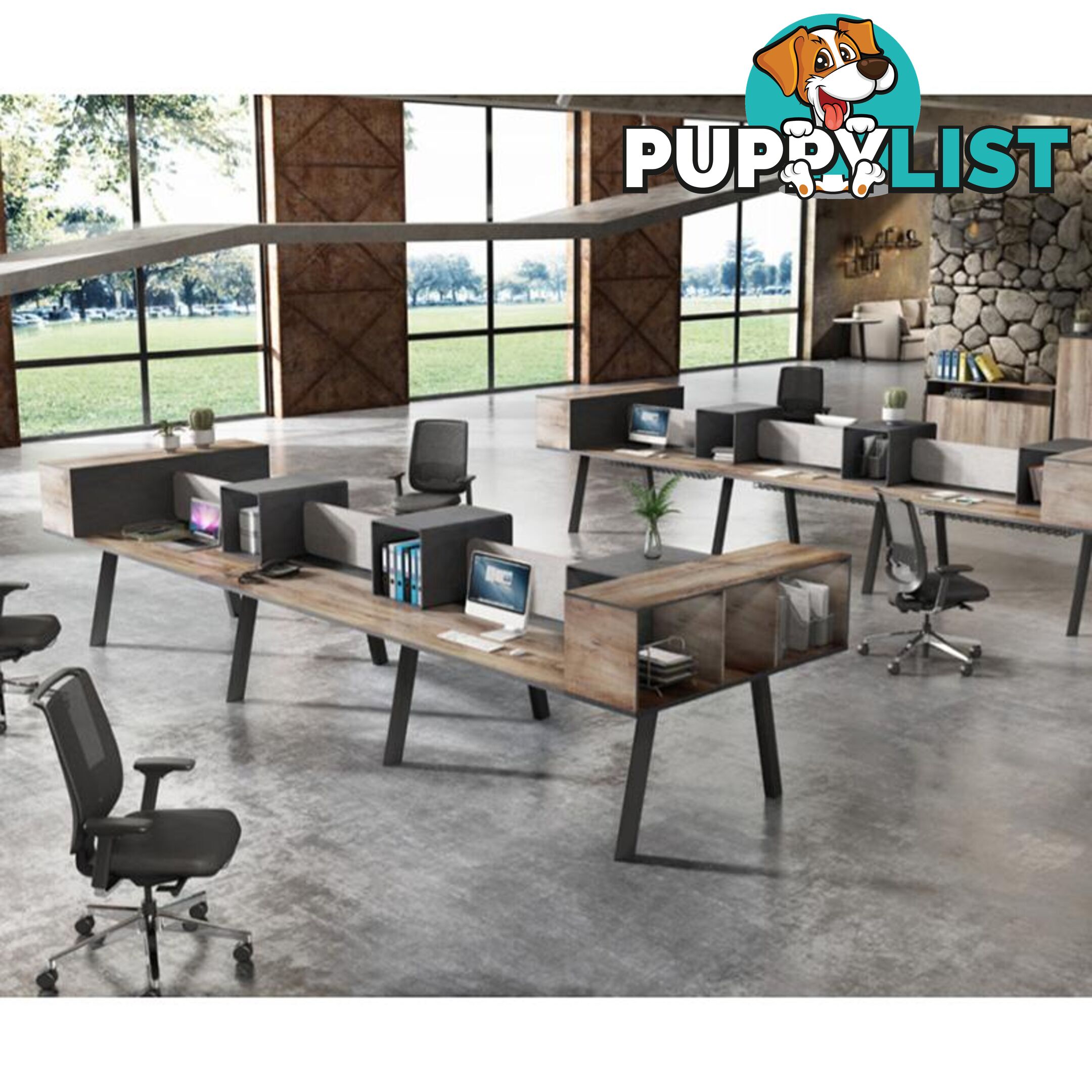 ARTO 6 Person Workstation Double Sided 5.0M - Warm Oak & Black - WF-NW017A - 9334719004600