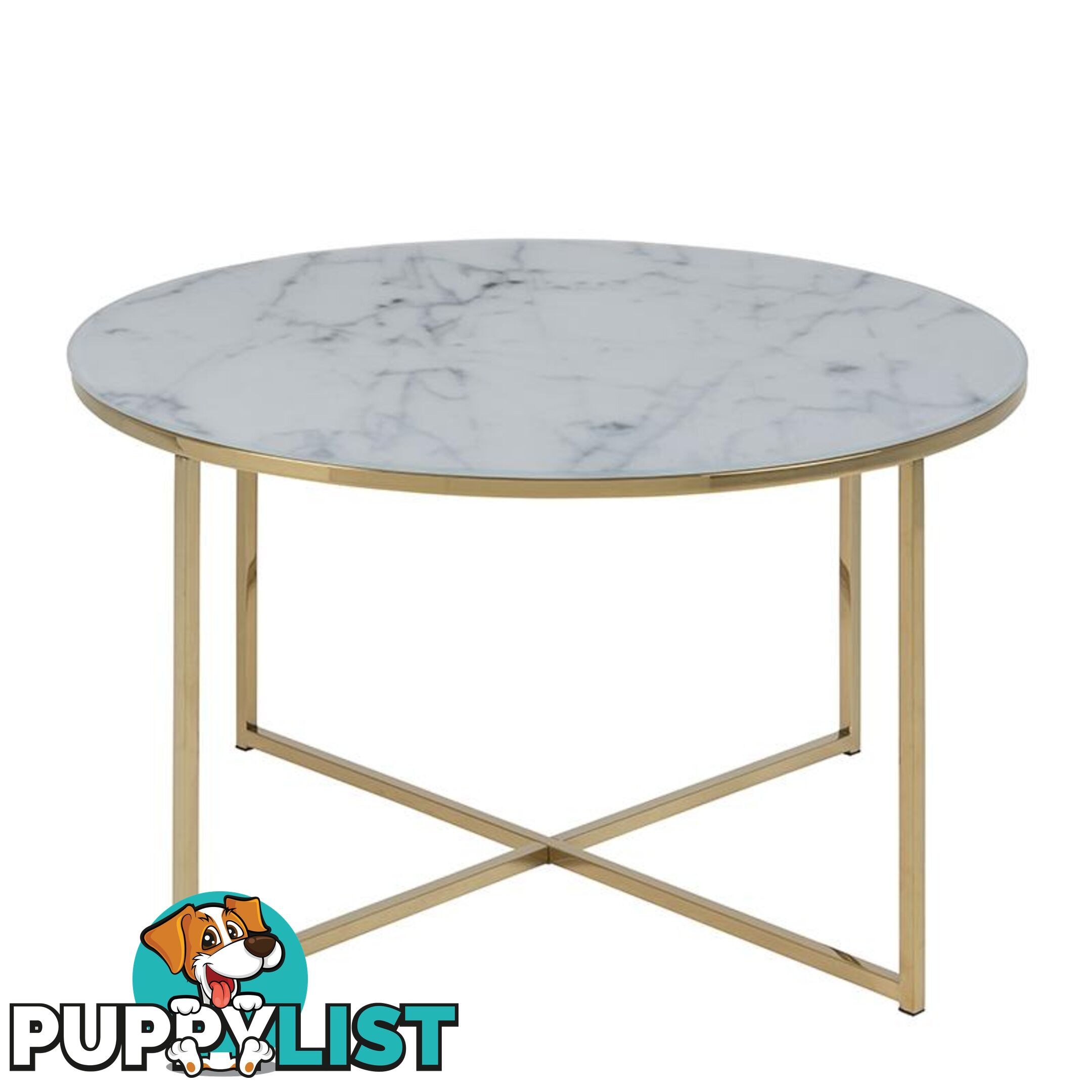 KOLINA Glass Marble Round Coffee Table 80cm - White/ Gold Chrome - AC-0000057547 - 5705994781908