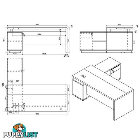 Carter Executive Office Desk + Right Return - 180cm - Coffee + Charcoal - MF-22MKD182 - 9334719001265