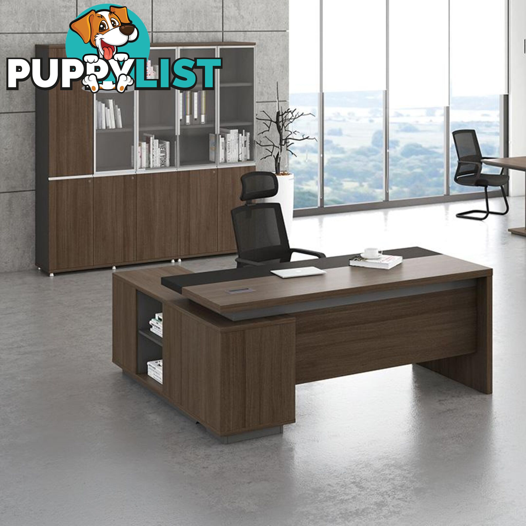 Carter Executive Office Desk + Right Return - 180cm - Coffee + Charcoal - MF-22MKD182 - 9334719001265