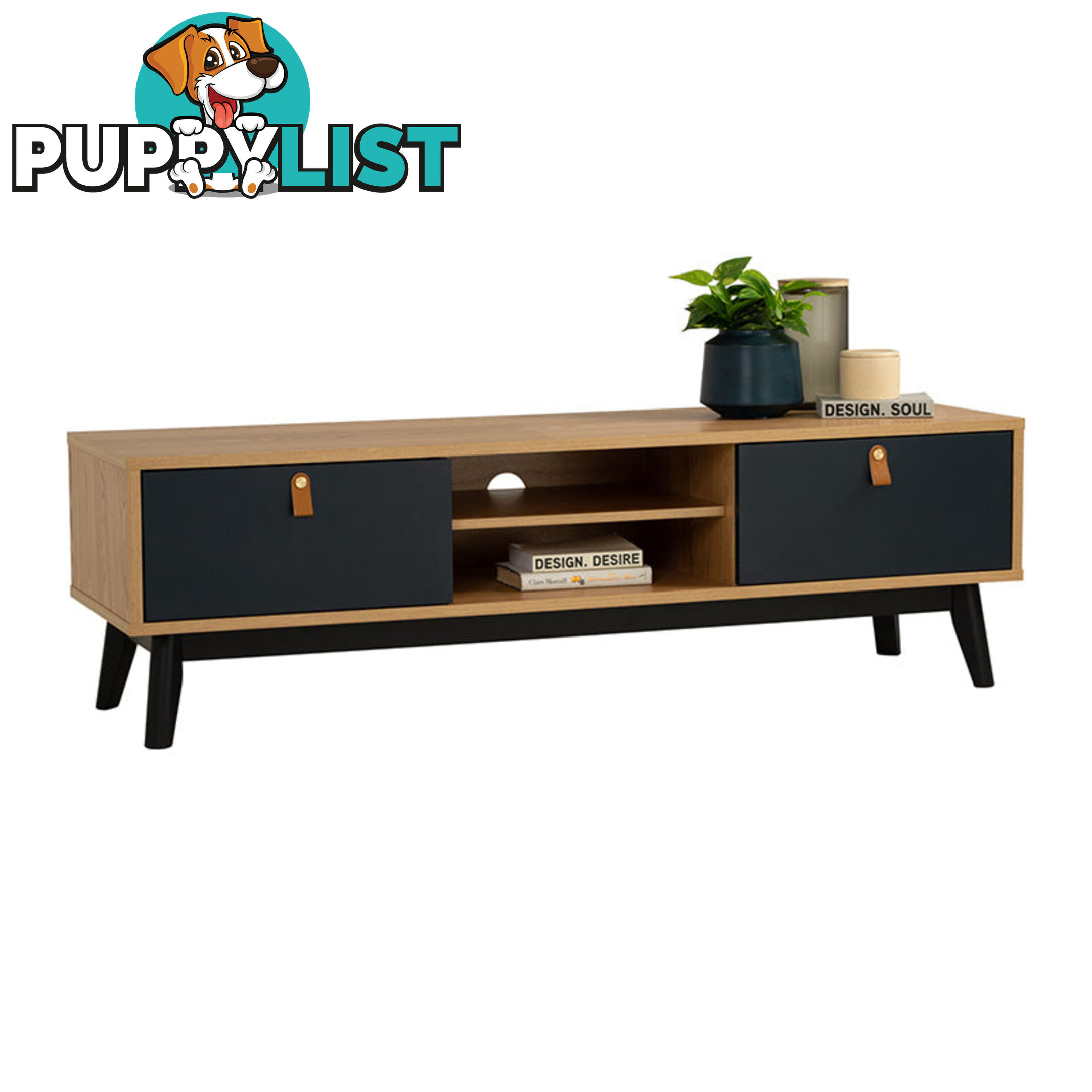 CASTOR Entertainment TV Unit 150cm - Natural, Navy Blue & Black - 335043 - 9334719012193