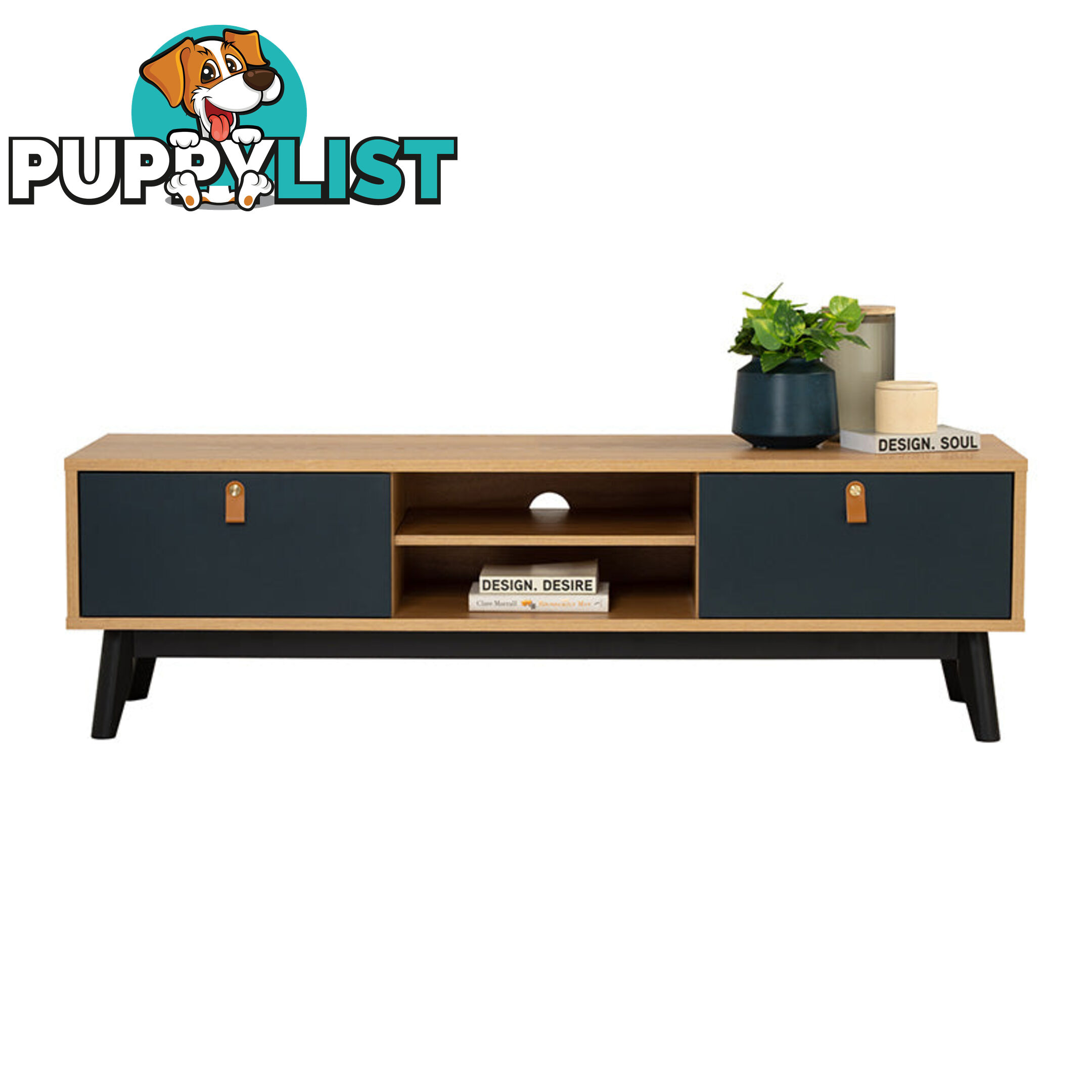 CASTOR Entertainment TV Unit 150cm - Natural, Navy Blue & Black - 335043 - 9334719012193