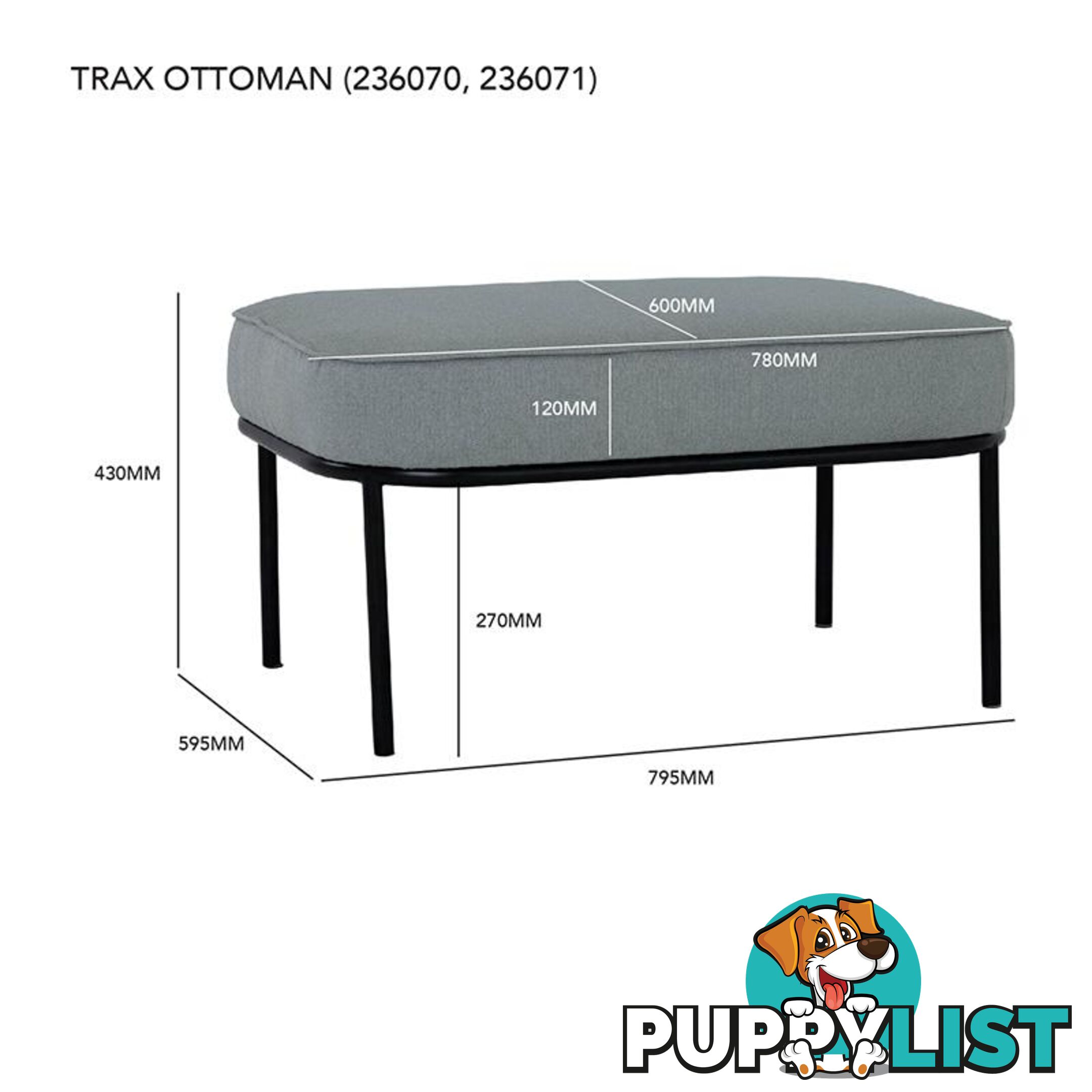 TRAX Oval Footstool 80cm - Pale Silver - 236070 - 9334719007205