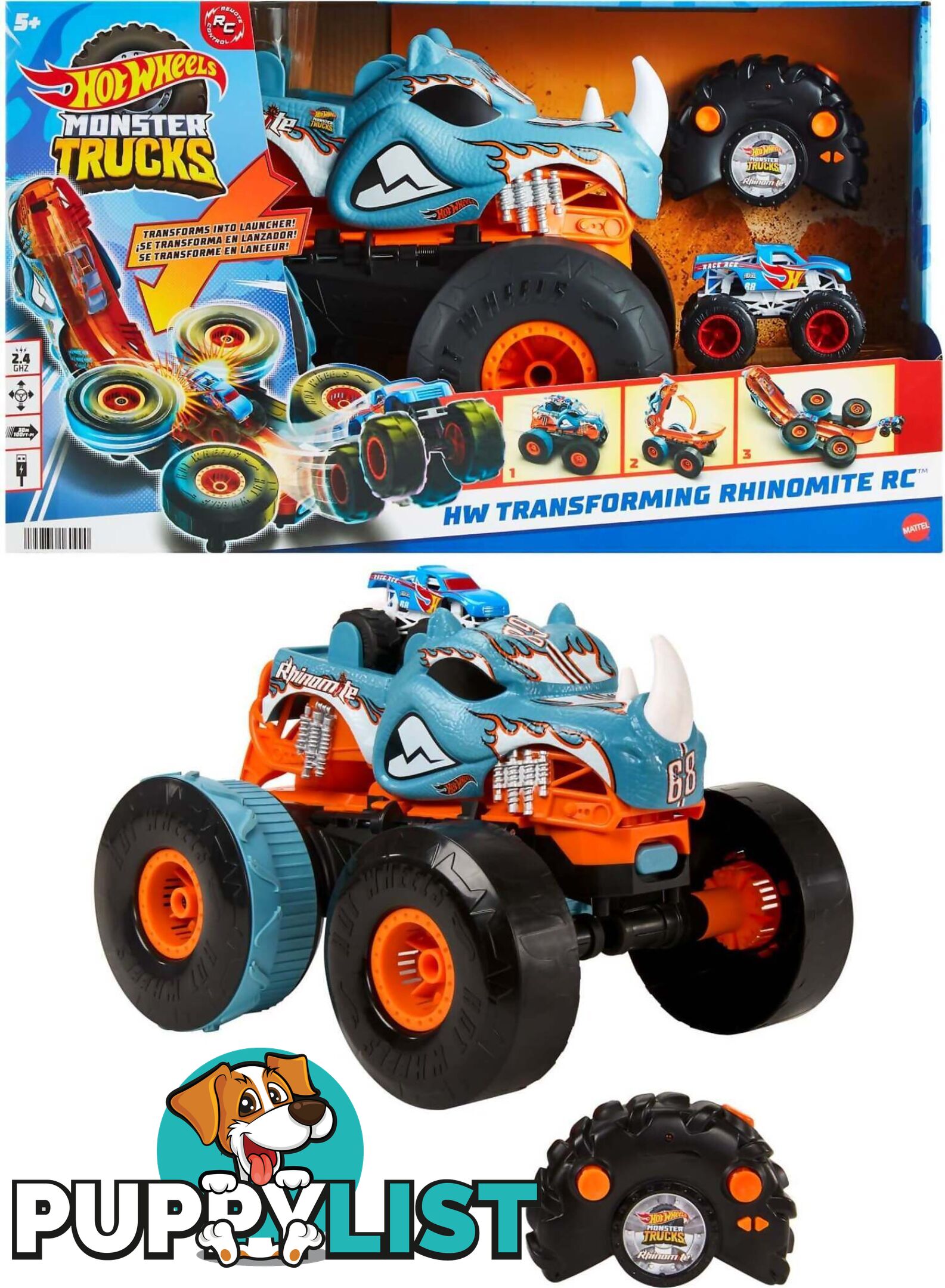 Hot Wheels - Monster Trucks Hw Transforming Rhinomite Rc In 1:12 Scale With 1:64 Scale Toy Truck - Mattel - Mahpk27 - 194735160990