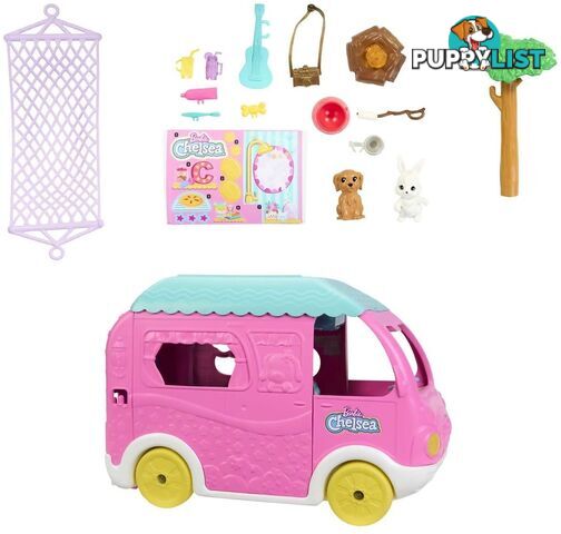 Barbie - Chelsea 2-in-1 Camper Playset With Chelsea Small Doll 2 Pets & 15 Accessories - Mattel - Mahnh90 - 194735141418