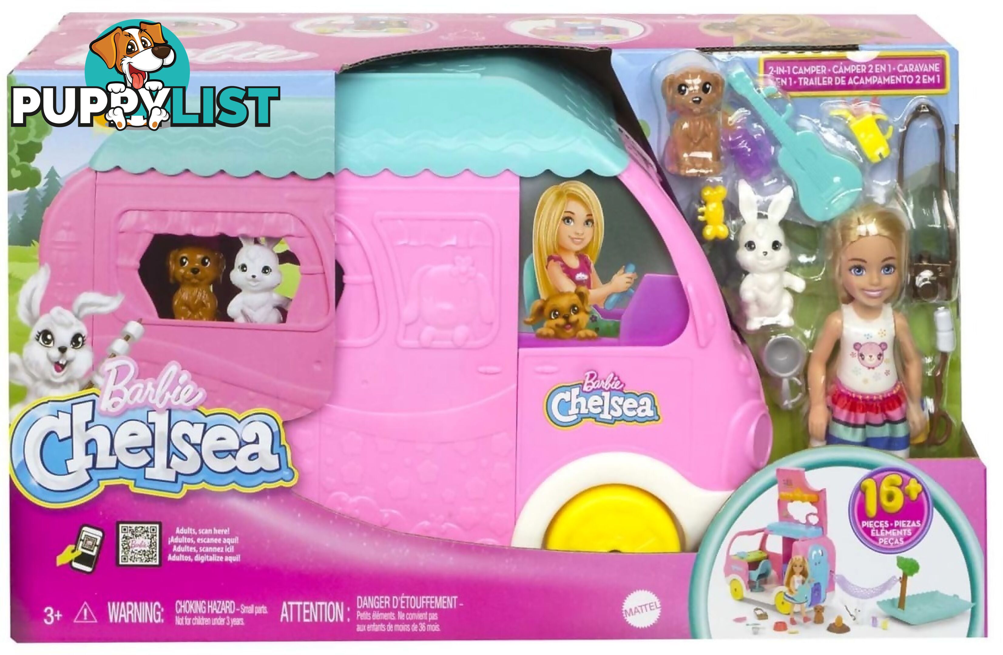 Barbie - Chelsea 2-in-1 Camper Playset With Chelsea Small Doll 2 Pets & 15 Accessories - Mattel - Mahnh90 - 194735141418