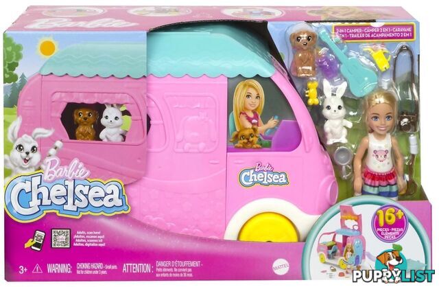 Barbie - Chelsea 2-in-1 Camper Playset With Chelsea Small Doll 2 Pets & 15 Accessories - Mattel - Mahnh90 - 194735141418