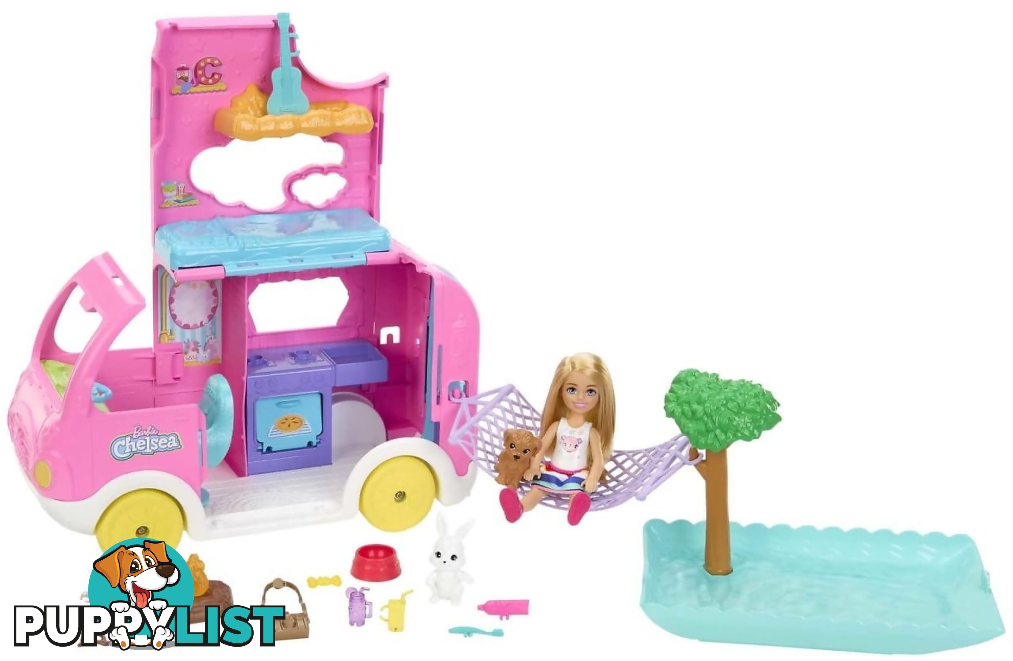 Barbie - Chelsea 2-in-1 Camper Playset With Chelsea Small Doll 2 Pets & 15 Accessories - Mattel - Mahnh90 - 194735141418