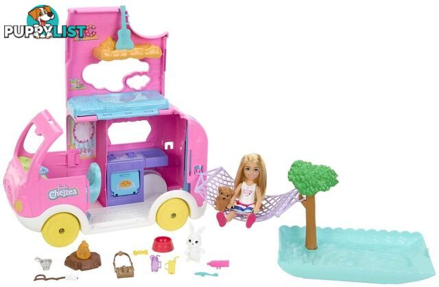 Barbie - Chelsea 2-in-1 Camper Playset With Chelsea Small Doll 2 Pets & 15 Accessories - Mattel - Mahnh90 - 194735141418