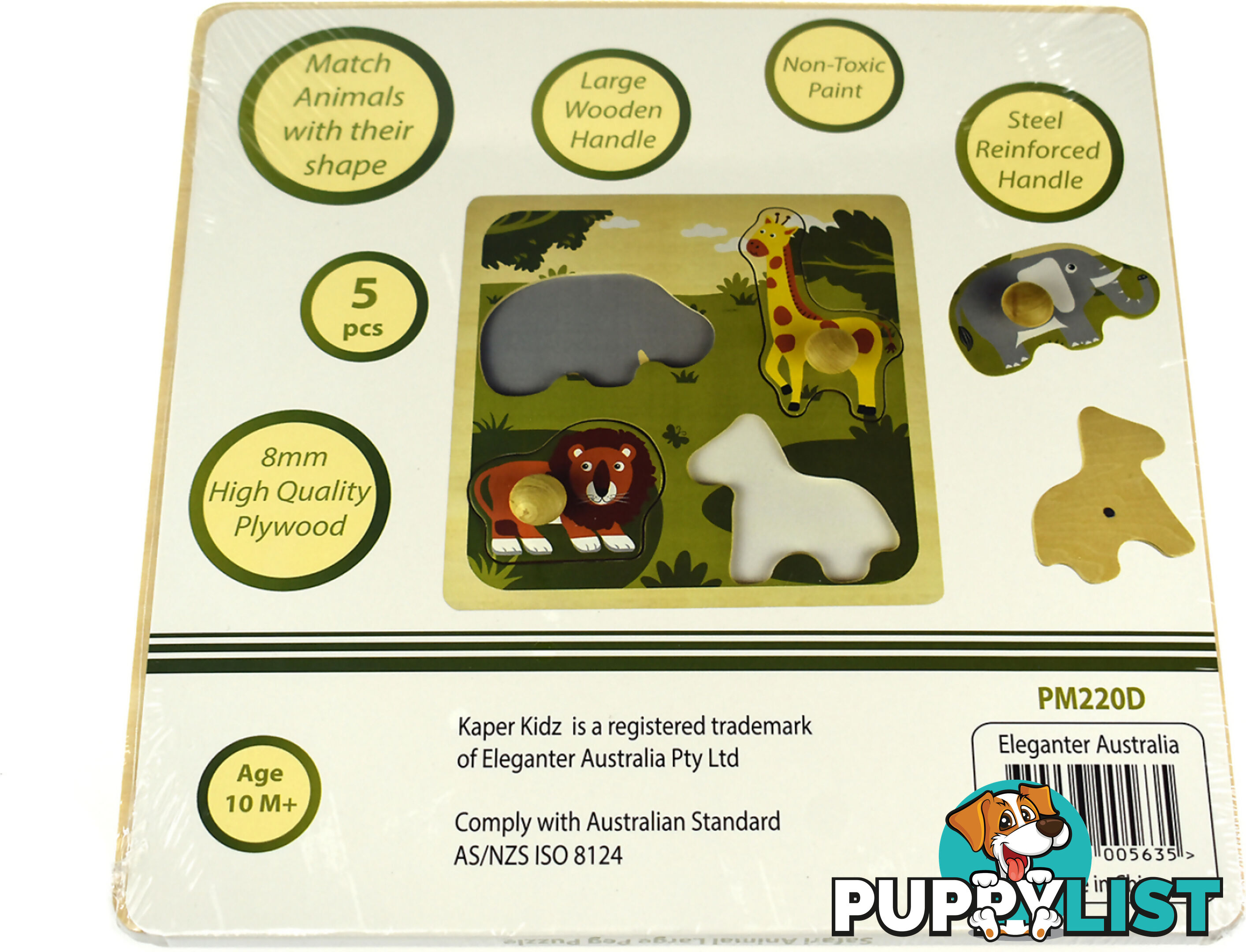 Kaper Kidz - Safari Animal Large Peg Wooden Puzzle- Elpm220d - 9354963005635