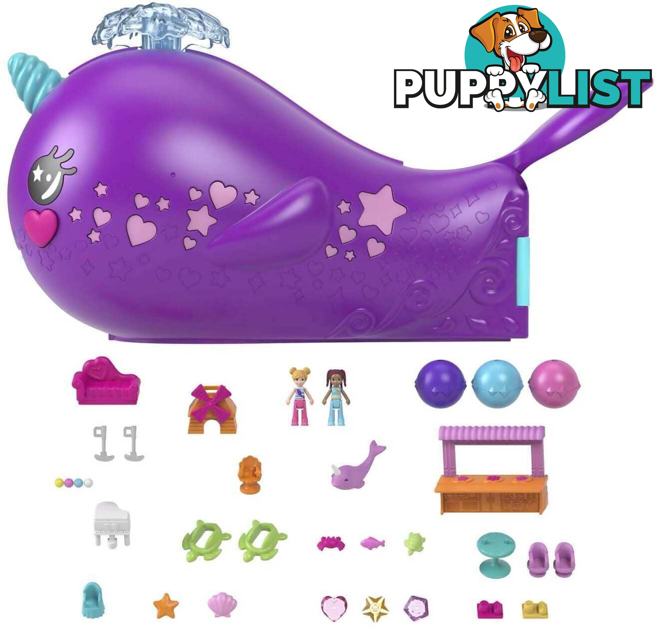 Polly Pocket - Sparkle Cove Adventure Narwhal Adventurer Boat Playset With 2 Micro Dolls & 13 Accessories - Mattel - Mahkv71 - 194735108589