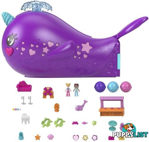 Polly Pocket - Sparkle Cove Adventure Narwhal Adventurer Boat Playset With 2 Micro Dolls & 13 Accessories - Mattel - Mahkv71 - 194735108589