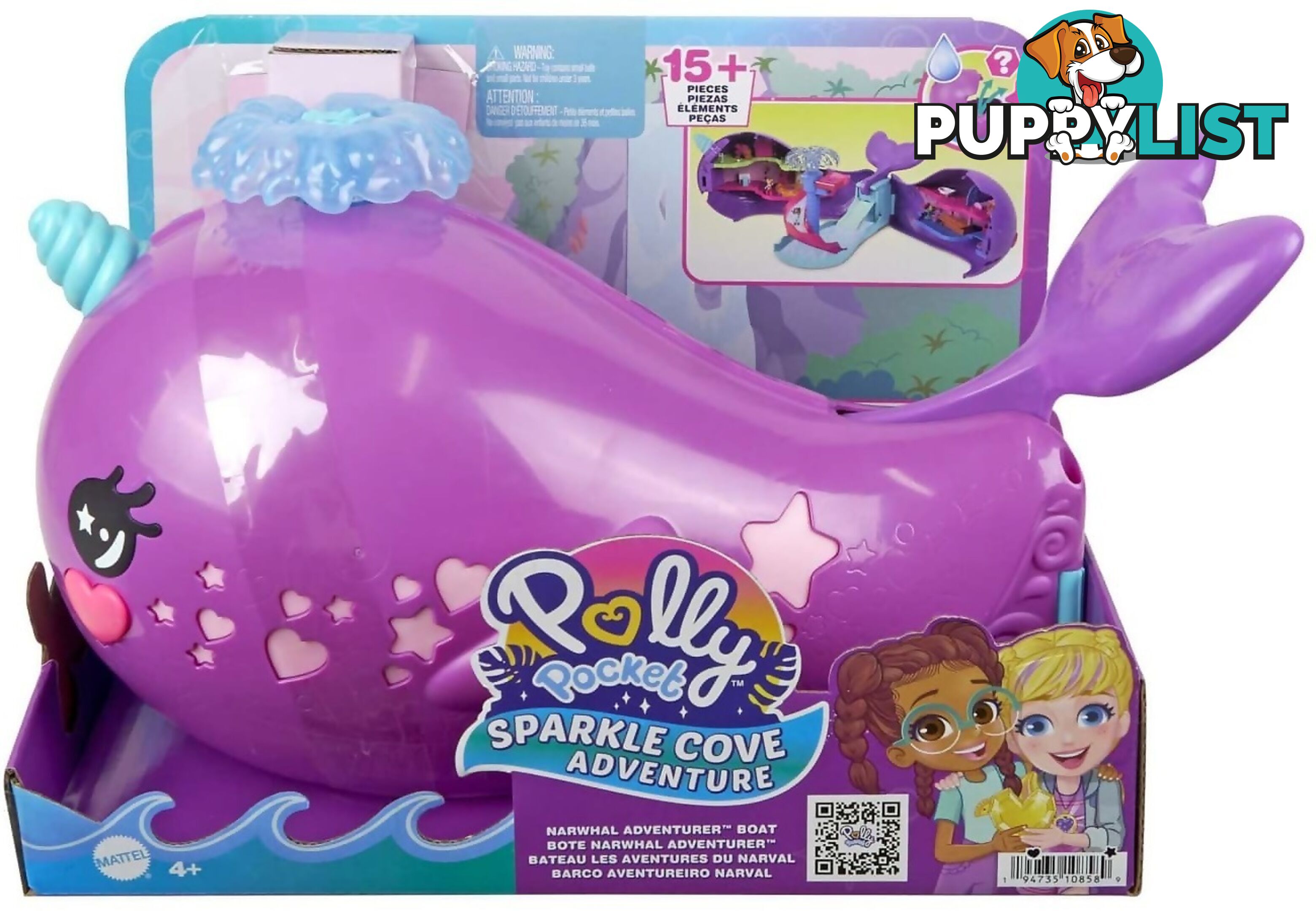 Polly Pocket - Sparkle Cove Adventure Narwhal Adventurer Boat Playset With 2 Micro Dolls & 13 Accessories - Mattel - Mahkv71 - 194735108589