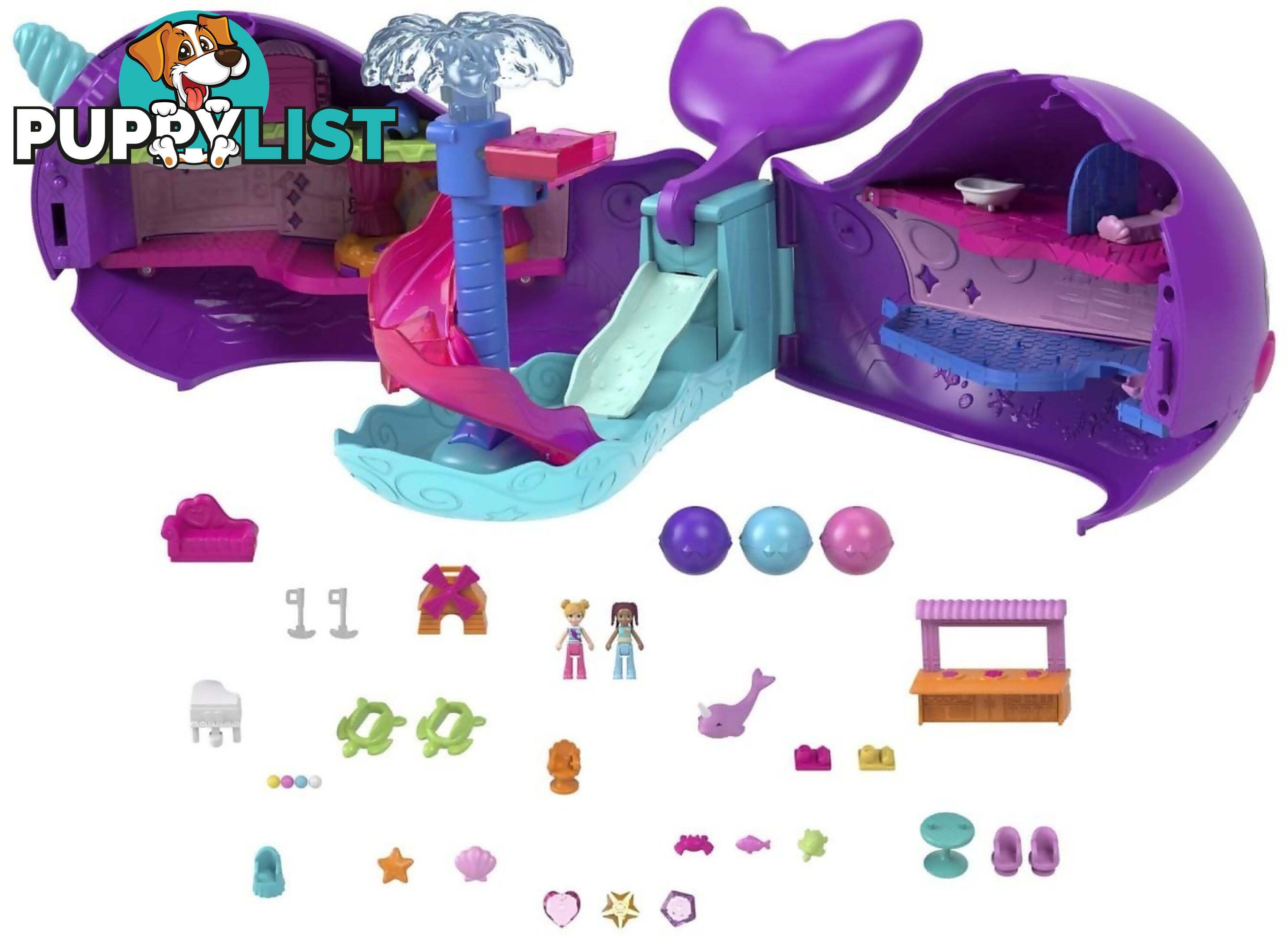 Polly Pocket - Sparkle Cove Adventure Narwhal Adventurer Boat Playset With 2 Micro Dolls & 13 Accessories - Mattel - Mahkv71 - 194735108589