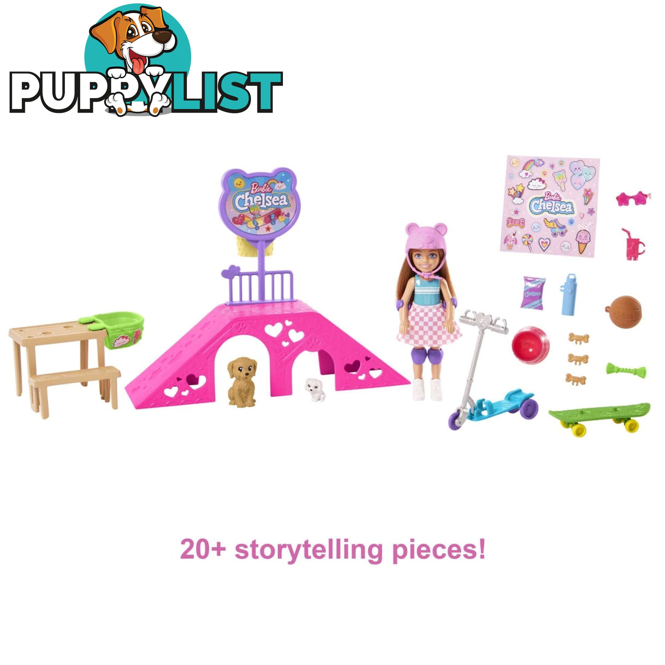 Barbie Chelsea Doll And Accessories Skatepark Playset With 2 Puppies And 15+ Pieces - Mahjy35 - 194735098279