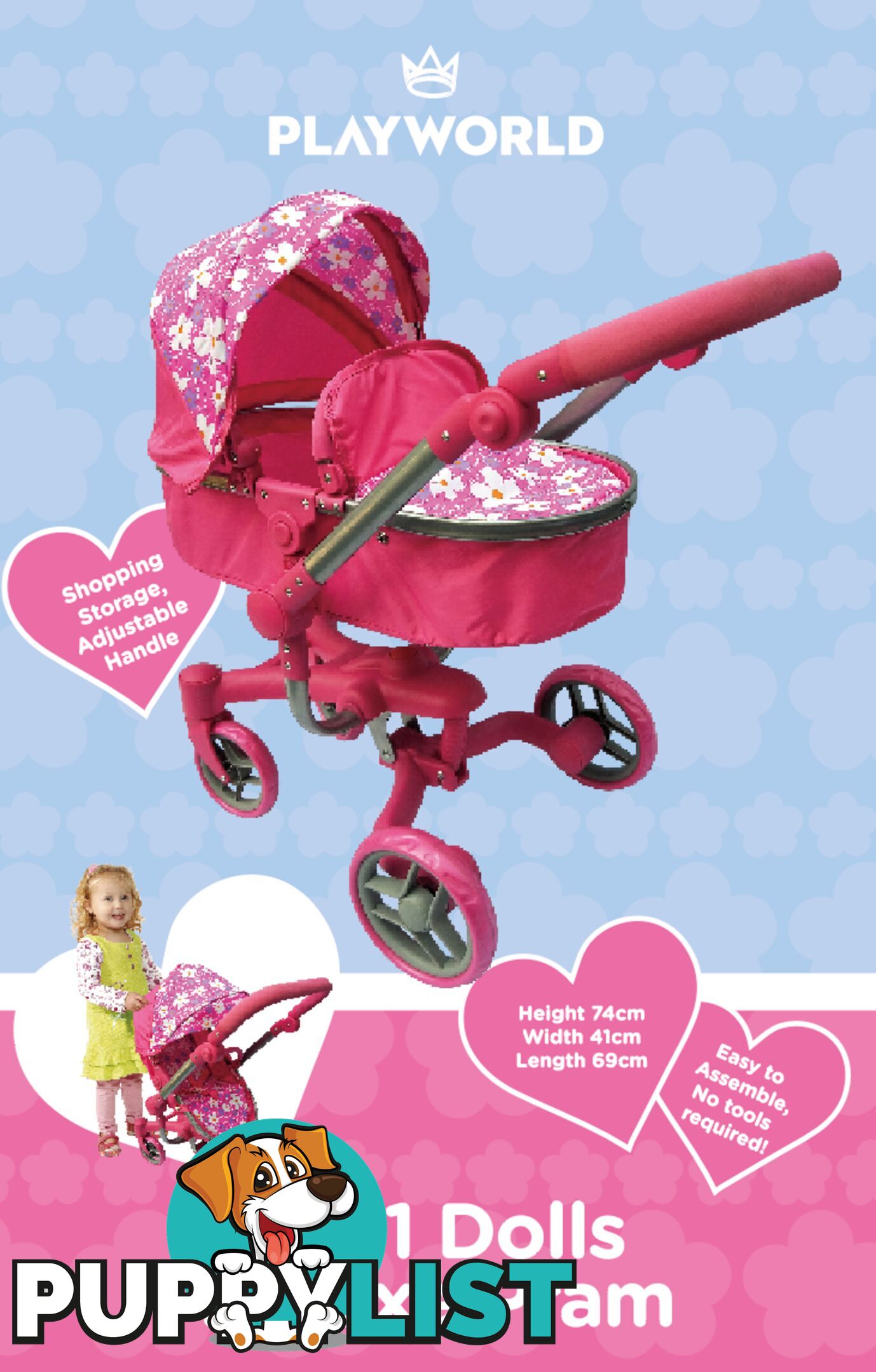 Playworld - Doll Deluxe 2 In 1 Toy Pram Pink Art64745 - 9329011709735