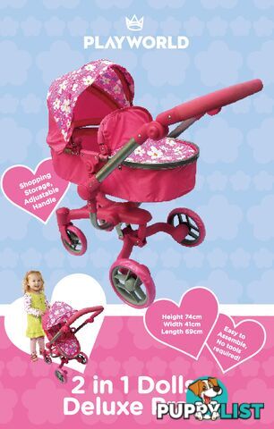 Playworld - Doll Deluxe 2 In 1 Toy Pram Pink Art64745 - 9329011709735