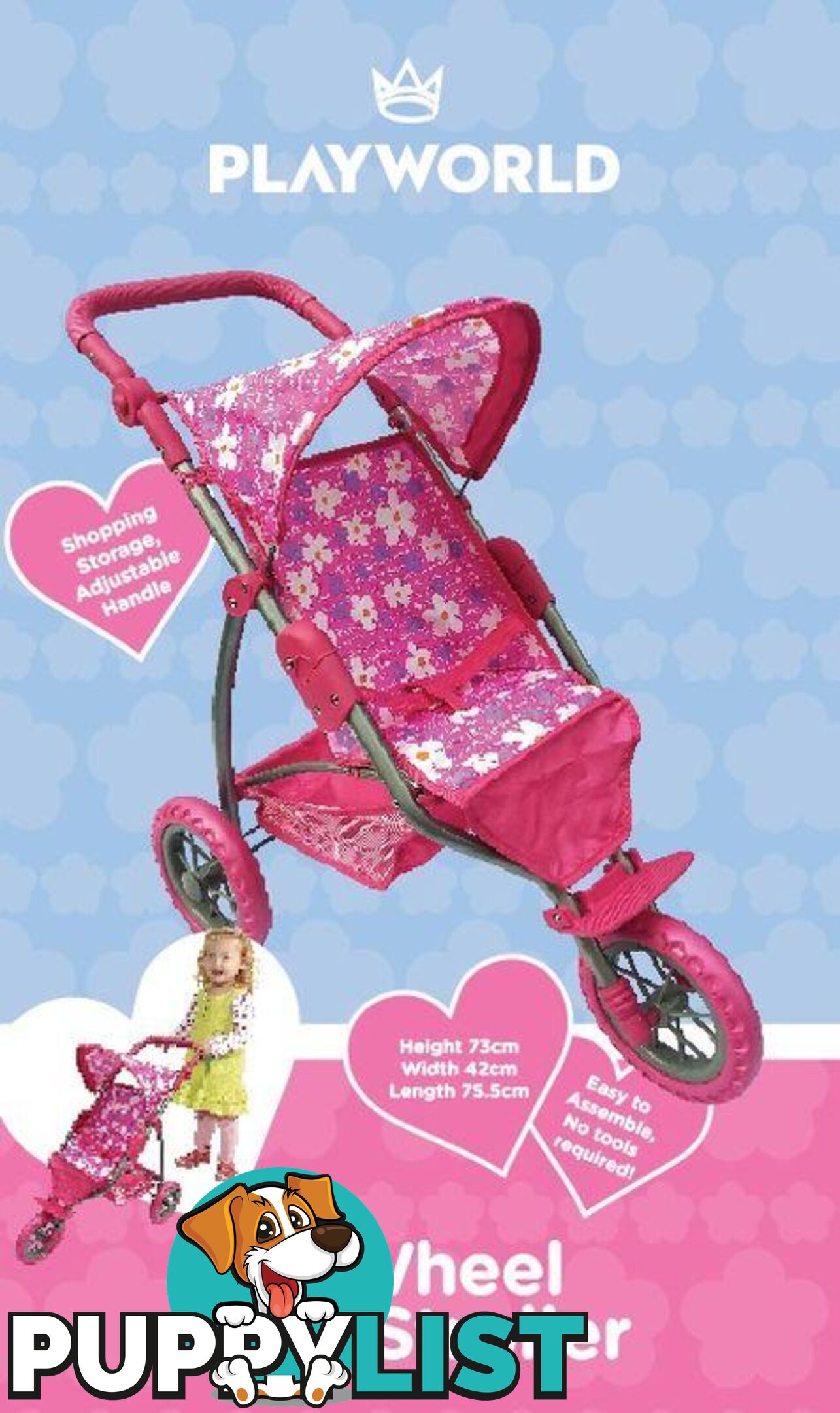 Playworld - 3 Wheel Doll Toy Stroller Hot Pink Art64742 - 9329011709698