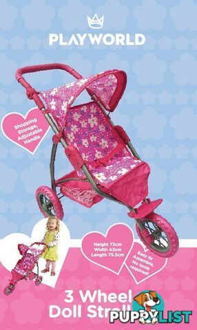 Playworld - 3 Wheel Doll Toy Stroller Hot Pink Art64742 - 9329011709698