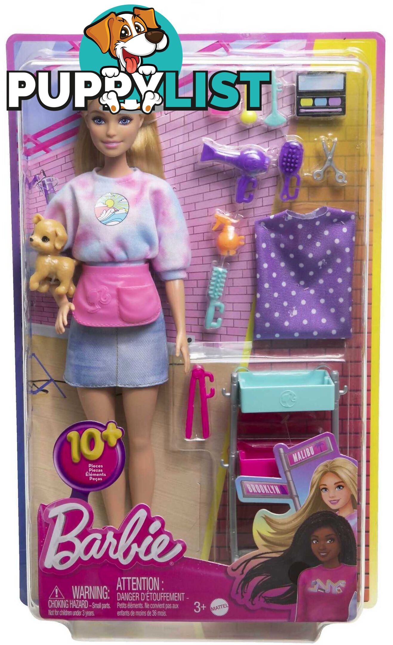 Barbie - â€œmalibuâ€ Stylist Doll & 14 Accessories Playset Hair & Makeup Theme With Puppy & Styling Cart - Mattel - Mahnk95 - 194735143429