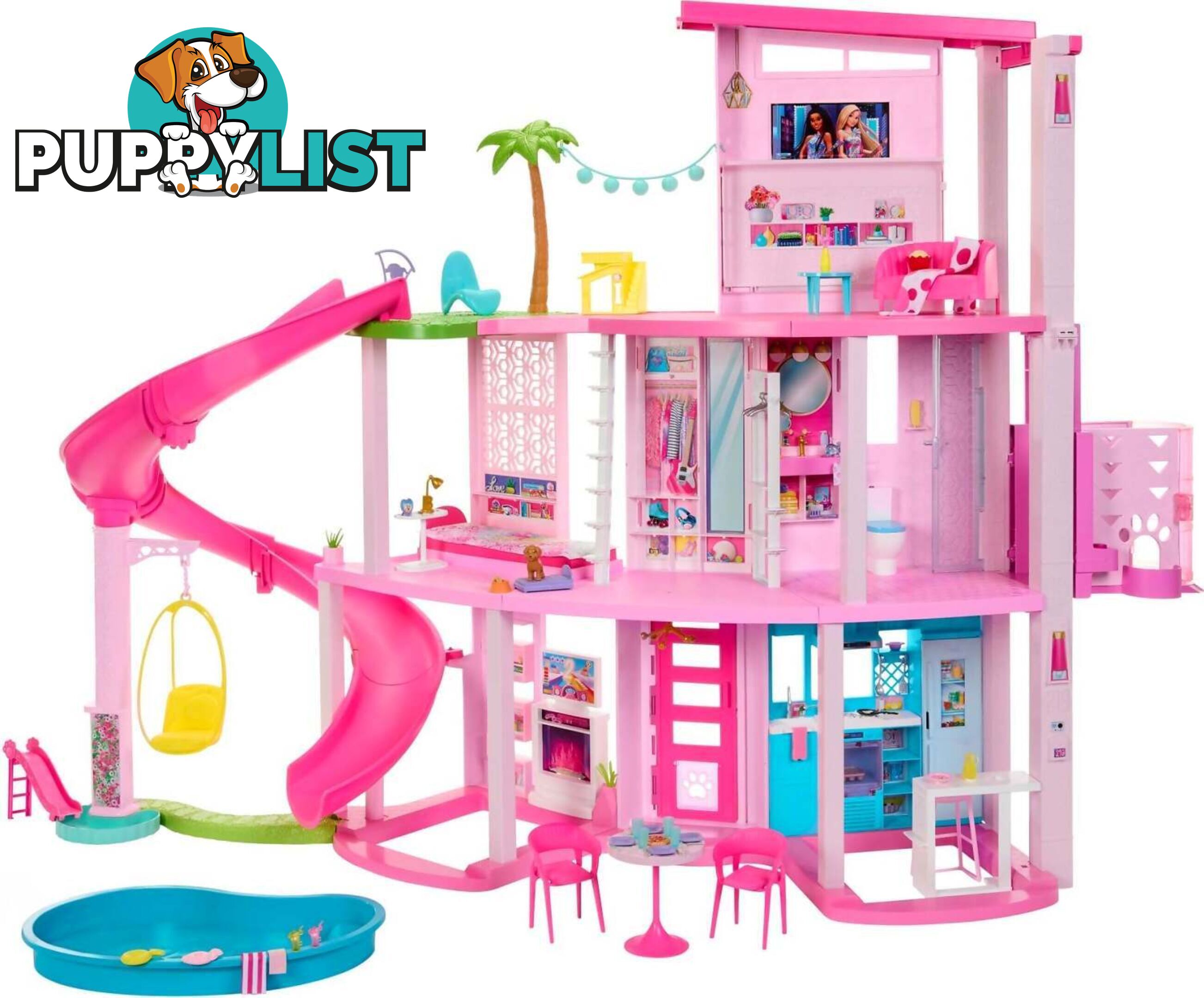 Barbie - Dreamhouse 75+ Pieces Pool Party Doll House With 3 Story Slide - Mattel - Mahmx10 - 194735134267