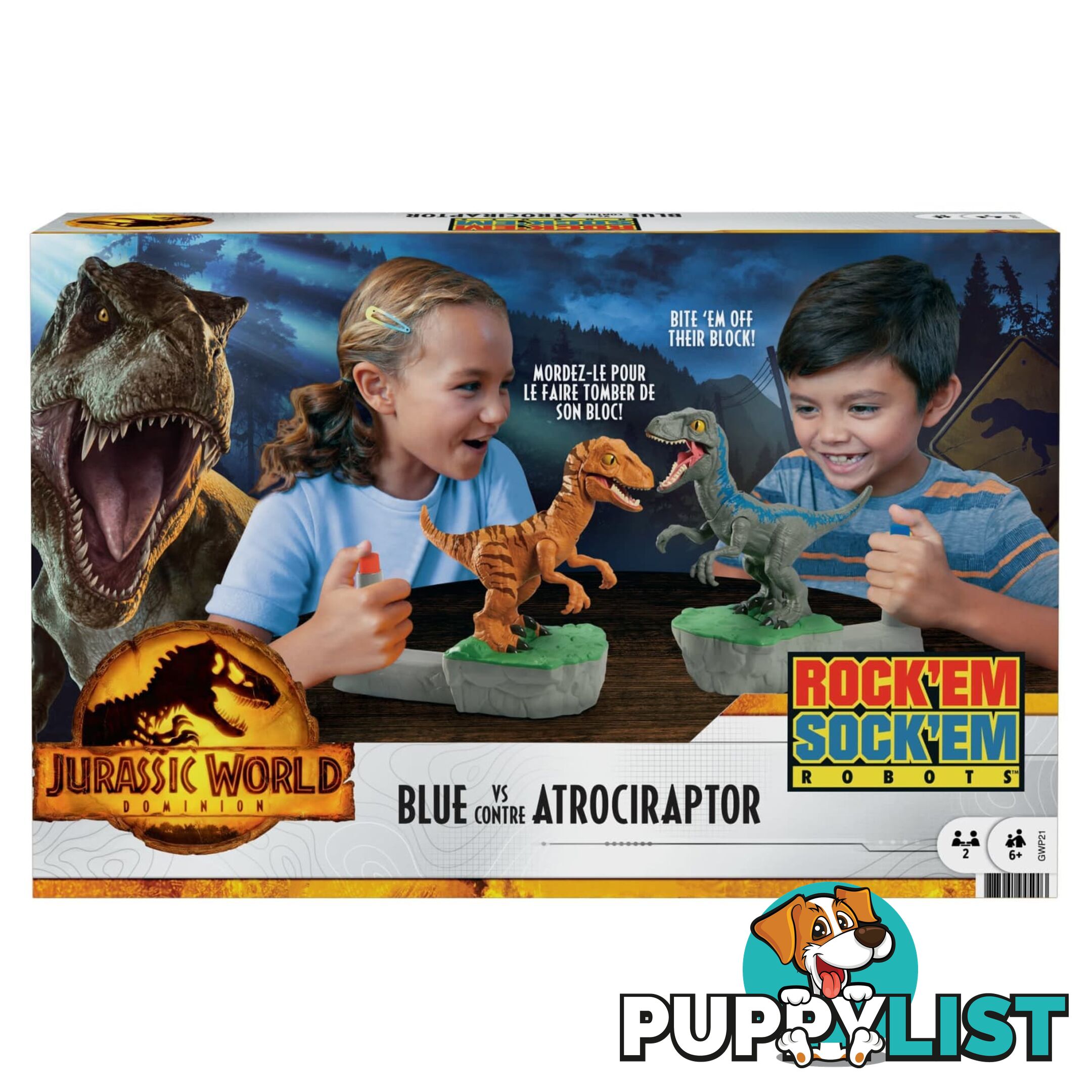 Jurassic World Rock Dominion Sock Em Robots Blue vs Atrociraptor Game - Mattel ART66029 - 887961945003